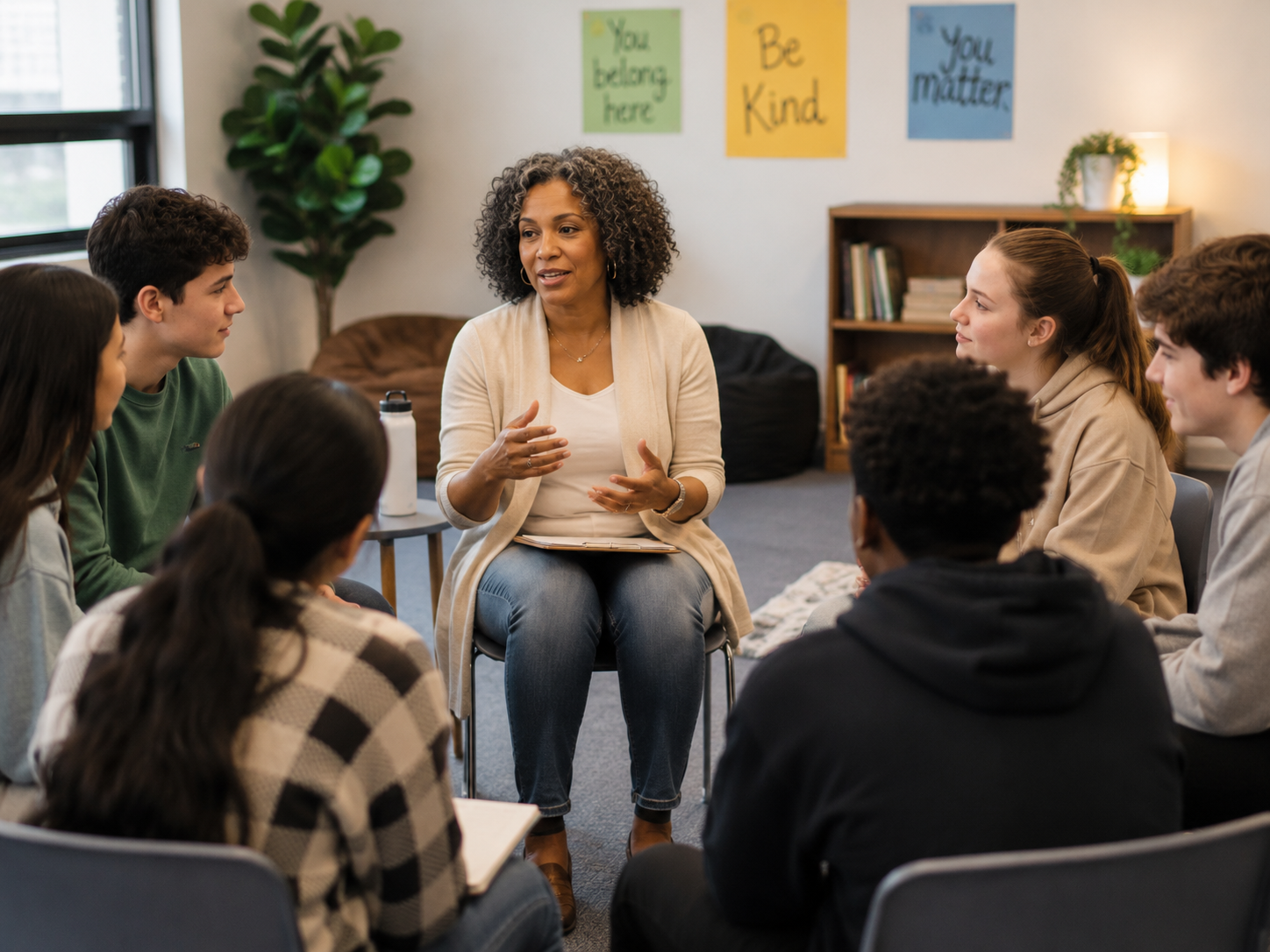 Facilitator speaking with students seated in a circle